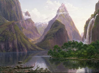 Einheimische Figuren in einem Kanu am Milford Sound, Westküste der Südinsel, Neuseeland, auch dargestellt sind Mitre Peak und Bowens Fall, 1892